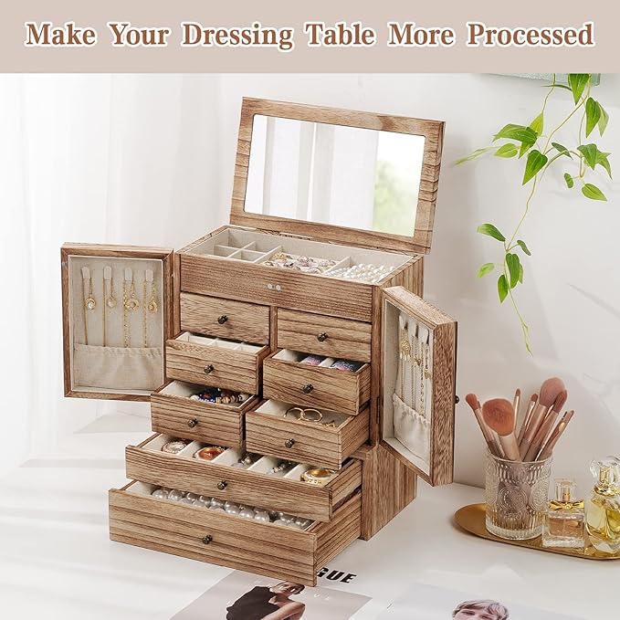 Emfogo Jewelry Box for Women Wooden Jewelry Boxes & Organizers 5-Layer Rustic Large Jewelry Organizer Box with Mirror & 8 Drawers for Rings Earrings Necklaces Bracelets Women Girls Gifts