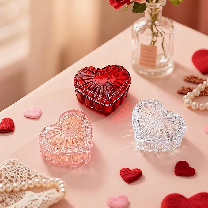 kanpura Clear Glass Jewelry Box Heart Shape Cute Box for Storage Ring Earring Trinket Vintage Decorative Glass Jar with Lid Christmas Gift for Women, Mom