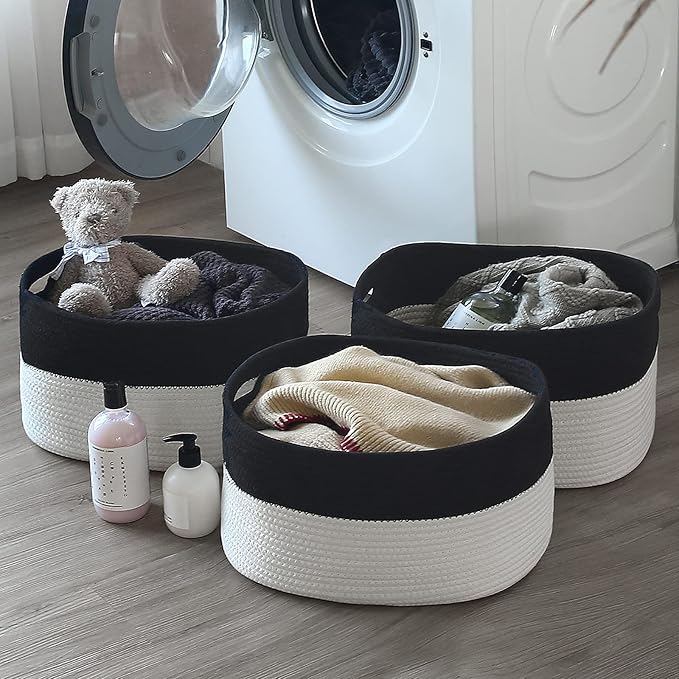 ECDYQXVU Cotton Rope Storage Basket, 15x10x9 Inches, Woven Basket for Shelves, Clothes, Towels, Books, and Laundry, Black/ White (3 Pack)