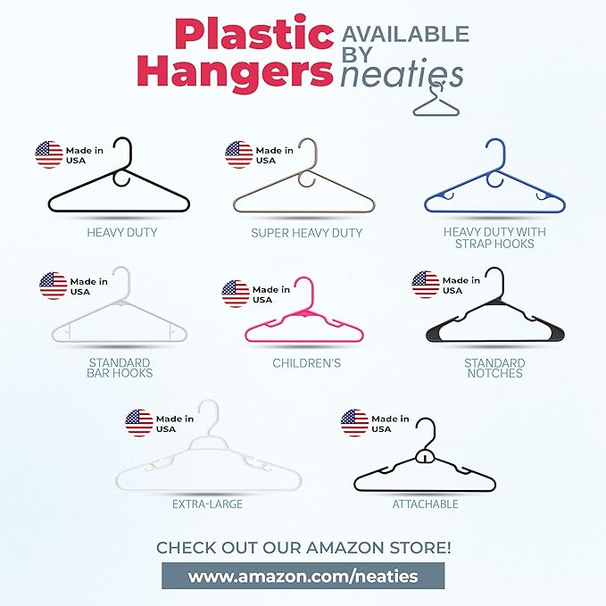Neaties Plastic Hangers 15 Pack – Made in The USA – 6lb Capacity Standard Clothes Hangers with Strap Hooks for Dresses, Lingerie, Shirts, Pants, and Jackets – Gray
