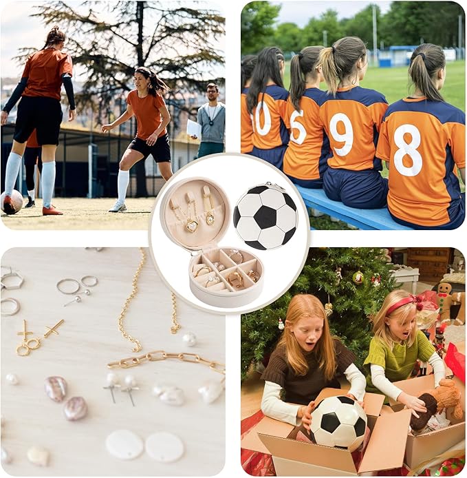 6 Pack Soccer Travel Jewelry Case Round Black and White Soccer Stuff Portable Jewelry Organizer Storage Case for Christmas Graduation Sports Team Club