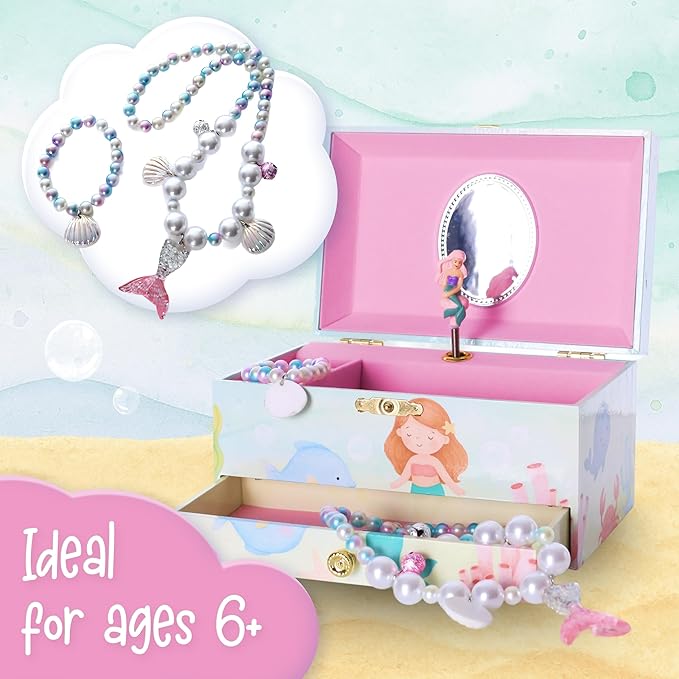The Memory Building Co Mermaid Musical Jewelry Box Plays Classic Melody, Storage Organizer Music Box for Kids Ages 6-12, MDF Wood w/ 2 Fabric Lined Ring Bracelet Necklace Treasure Compartments