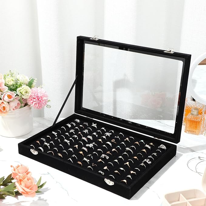 Yinkin 2 Pcs 100 Slots Ring Organizer Box with Transparent Glass Lid Necklace Display Tray Ring Case Velvet Jewelry Holder (Black)