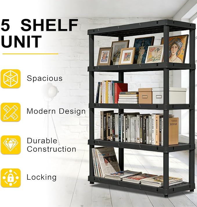72”H Plastic Garage Storage Shelves,5-Tier Heavy Duty Plastic Shelving,700LBS Plastic Shelving Units Free Standing,for Home,Garage,Basement, Laundry,Black,16.93" Dx35.43 Wx72.44 H
