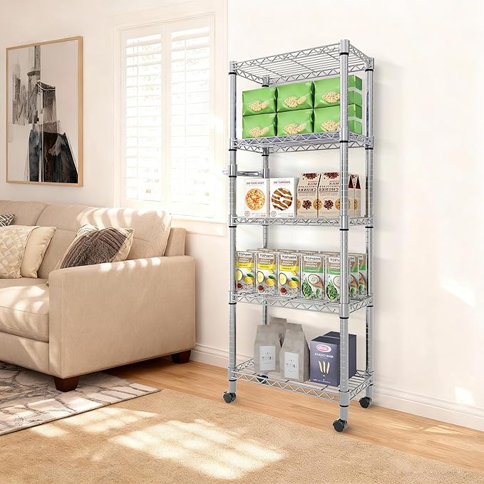 Garvee 5-Tier Storage Shelves Heavy Duty Metal Wire Rack Shelving, 1100 LBS Capacity Rolling Storage Rack with Wheels, for Living Room Pantry Kitchen Bedroom Organization