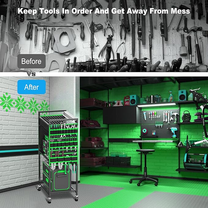 JUNNUJ Large Power Tool Organizer Cart with Charging Station, Garage Floor Standing Rolling Drill and Tools Battery Storage Cart on Wheels, Heavy Duty Rack Shelf with 8 Outlet Power Strip, Green