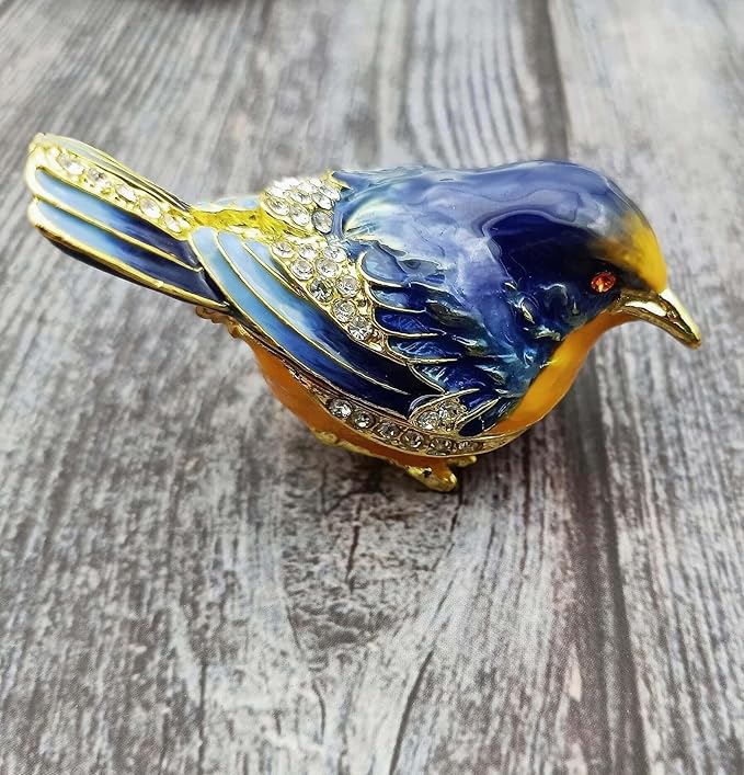 Starling Bird Trinket Boxes Hinged with Crystals Enameled Jewelry Box.Bird Lover Gifts for Women.Necklace Ring Box Earrings Storage.Collectible Bird Figurines Home Decor -Blue Yellow.