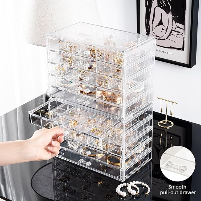 ProCase Acrylic Earrings Holder Organizer Box, Large Clear Earring Jewelry Storage Transparent Stackable Drawers Jewelry Display for Earring Ring Bracelet -Clear, 10 Layers