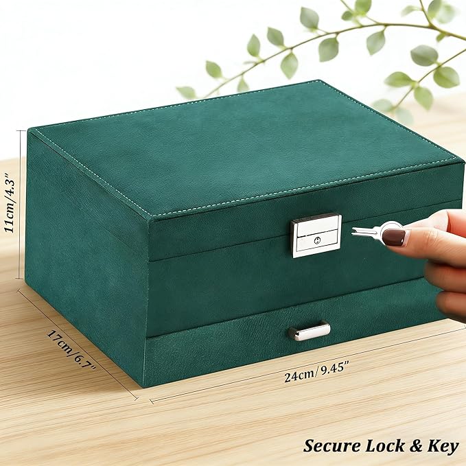 QBestry Jewelry Box for Women with Drawer, 3-Layer Large Jewelry Organizer with Lock & Key, 8 Necklace Hooks & 56 Earring Holes, Green Velvet Jewelry Storage Box for Necklaces Earrings Rings Bracelets