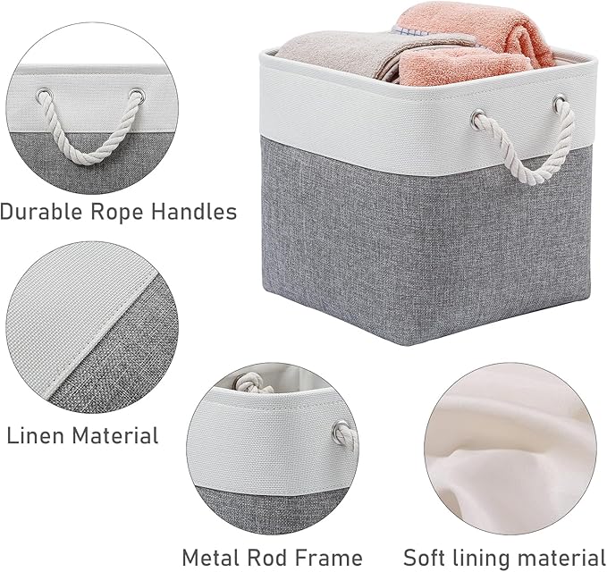 MidmmVick 13 x 13 Inch Cube Storage Bins, 6 Pack Extra Large Collapsible Fabric Storage Bin with Ropes, Foldable Storage Cubes for Home (White & Grey-13"x13"x13")