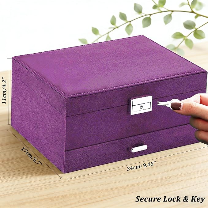 QBestry 3-Layer Jewelry Box for Women with Lock and Key & Drawer, Large Jewelry Organizer with 8 Necklace Hooks & 56 Earring Holes, Purple Velvet Jewelry Storage Box for Necklace Earring Ring Bracelet