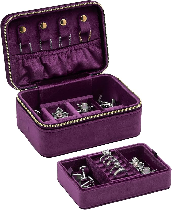 Velvet Travel Jewelry Organizer Box with Zipper Around Portable Accessory Display Tray Holder Storage Case for Multiple Earrings Rings Necklaces Bracelets (Purple)