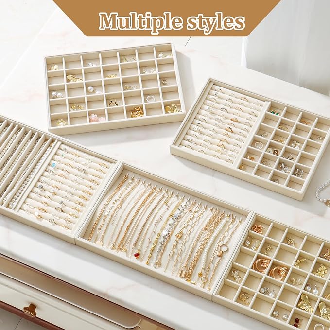 Large Velvet Jewelry Tray 2 Pack Stackable Jewelry Display Drawer Inserts Trays Organizer for Earring Bracelet Necklace Ring (Beige, Ring and 24 Grids)
