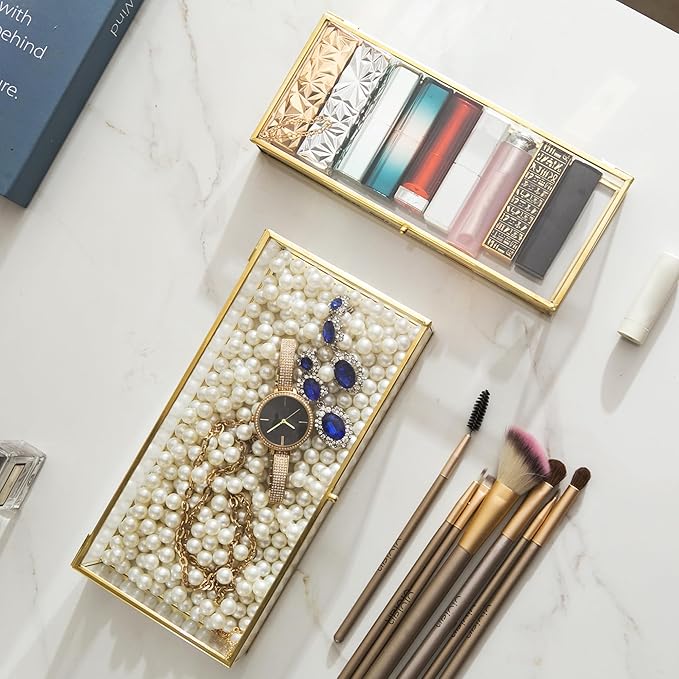 Glass Jewelry Box Set, 2pcs Vintage Rectangle Gold Keepsake Boxes Lipstick Organizer Box Vanity Lidded Box Home Decor Accent Decorative Box for Storage Trinket Rings Bracelet1