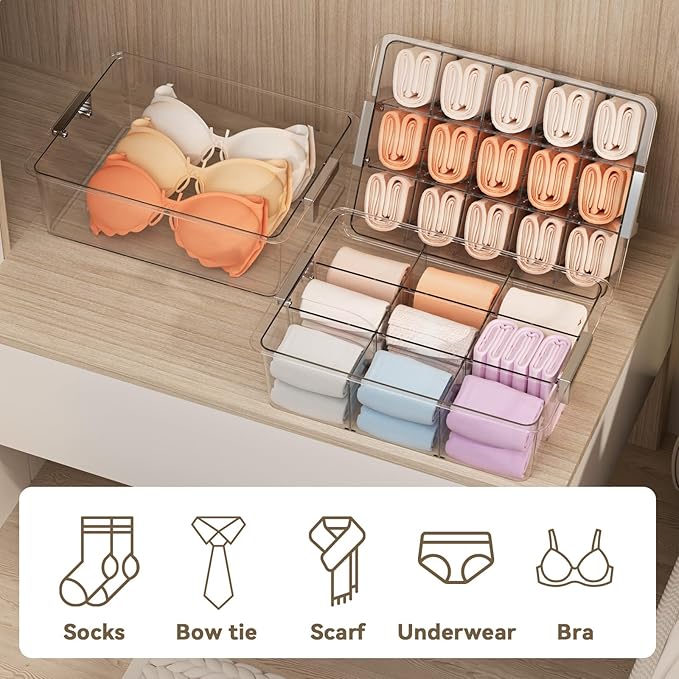 Bra Drawer Organizer for Women - 2 PCS Clear Plastic Storage Box with Lid and Dividers for Socks, Underwear, Bras, Ties, and Closet Organization
