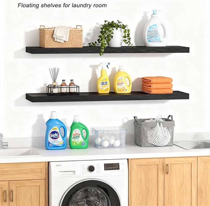 ROGMARS 36 Inches Long Black Floating Shelves,Rustic Solid Wood Farmhouse Wall Shelves with Invisible Brackets for Bathroom, Living Room, Bedroom, Kitchen Set of 2