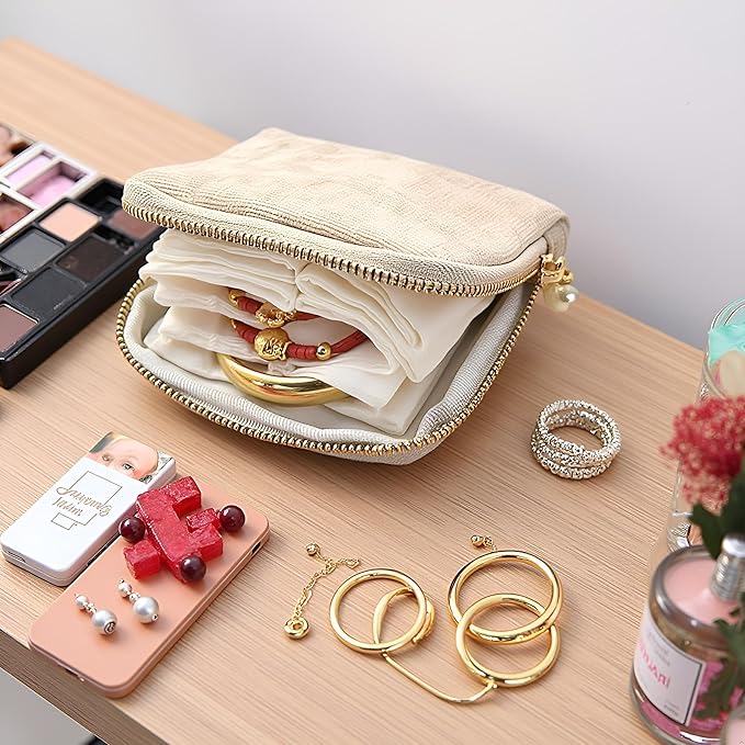 Small Travel Jewelry Case - Jewelry Travel Organizer Bag with Tassel Zipper for Bracelets, Necklaces, Bangles, Jewelry Organizer Storage Bag Gift for Women Girls - LJB002-Beige
