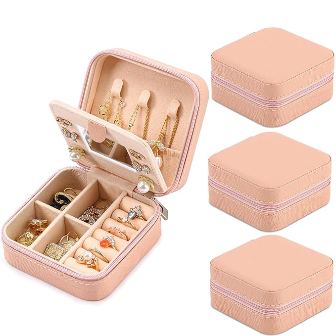 Neveika Jewelry Box with Mirror,Small Jewelry Organizer Box,Travel Jewelry Case for Women,Gift Jewelry Boxes for Female Girls (4pcs mirror pink)