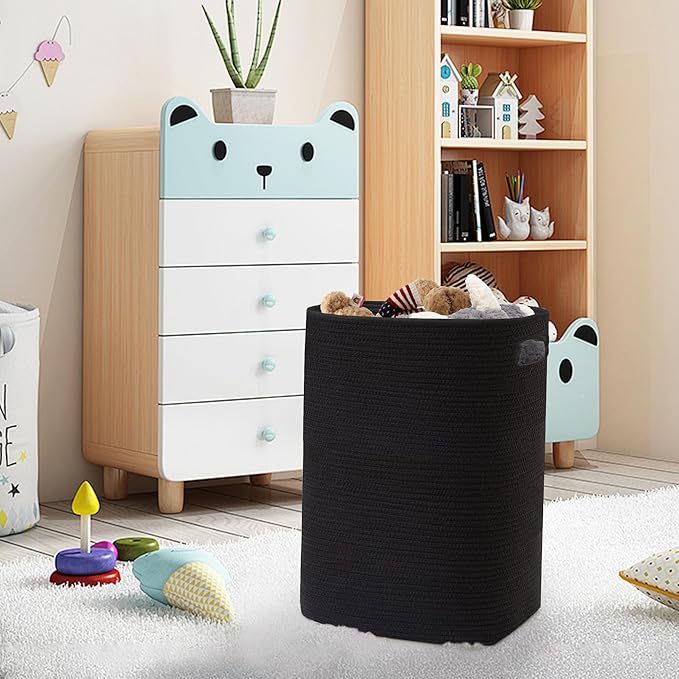 MEGASKET Large Laundry Hamper 16"x13"x22" - Tall Woven Laundry Basket, Cotton Rope Dirty Clothes Hamper, Baby Kids Nursery Wicker Laundry Basket, Bedroom Aesthetic, Soft Laundry Bin, Black Hamper, 75L