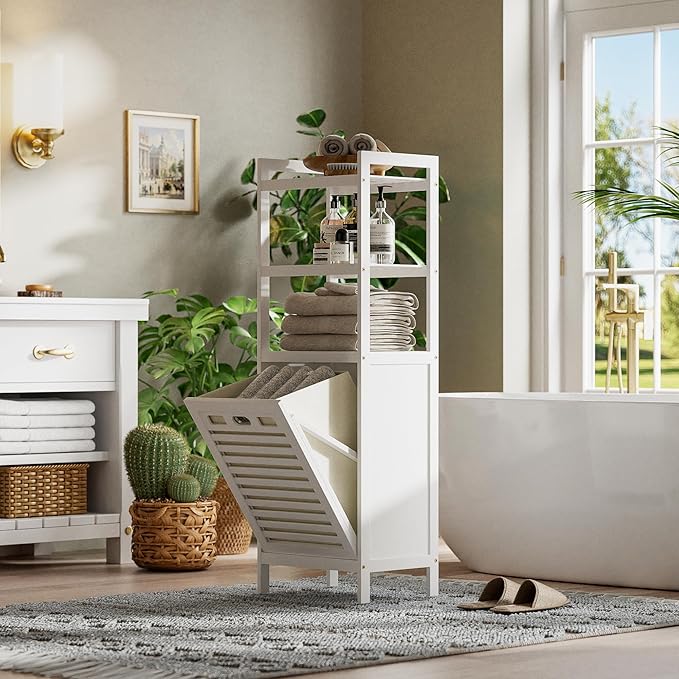 HITNET Bamboo Tilt Out Hamper, 10 Gal Bathroom Laundry Cabinet with Hidden Foldable Basket, Freestanding Clothes Storage Organizer with Storage Shelf, White