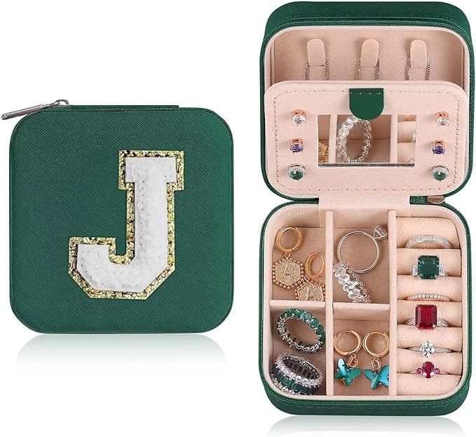ETHOON Jewelry Travel Case Small Organizer Stocking Box Personalized Gifts Teenage Jewelry Accessories Holiday Christmas Gift for Women Green, Letter J