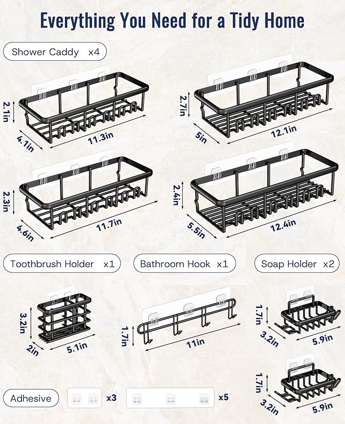 8 Pack Adhesive Rustproof Shower Shelves with Soap Dishes, Toothbrush Holder & Hooks, Large Capacity No-Drilling Shower Shelves Rack for Bathroom Organizers and Storage Accessories, Black