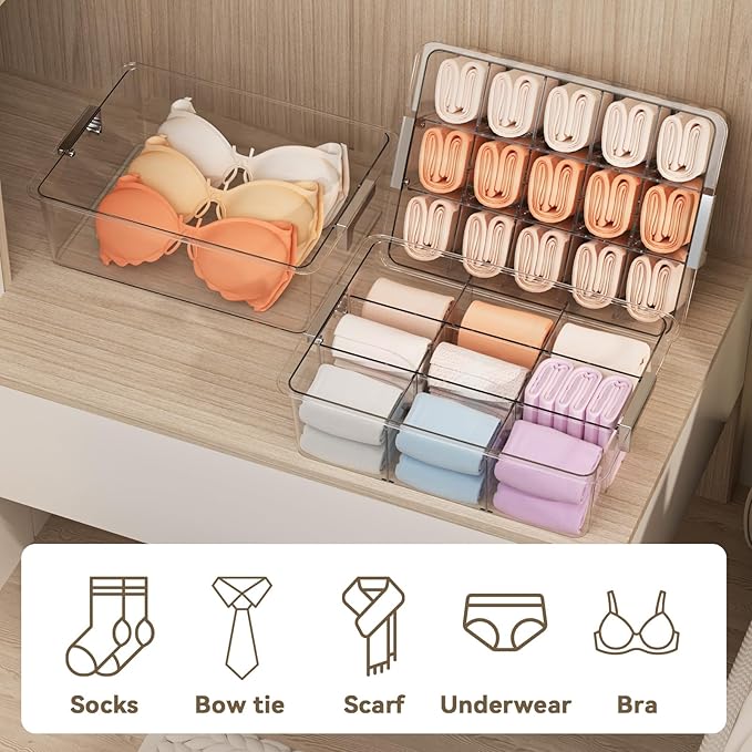 Socks Bra Underwear Drawer Organizer for Closet, 2 PCS Plastic Storage Box with 15 Removable Compartments and Lid, Clear Dresser Drawer Organizer Storage Container with Dividers for Sock Ties Belts