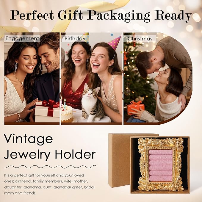 Vintage Ring Holder Rectangle Gold Velvet Display Stand - Baroque Jewelry Organizer Box Tray for Wedding Engagement Anniversary Women Birthday Christmas Gift Photograph Prop (MPF05-Gold Pink)
