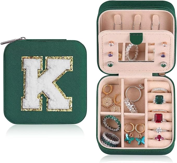 ETHOON Jewelry Travel Case Small Organizer Stocking Box Personalized Gifts Teenage Jewelry Accessories Holiday Christmas Gift for Women Green, Letter K