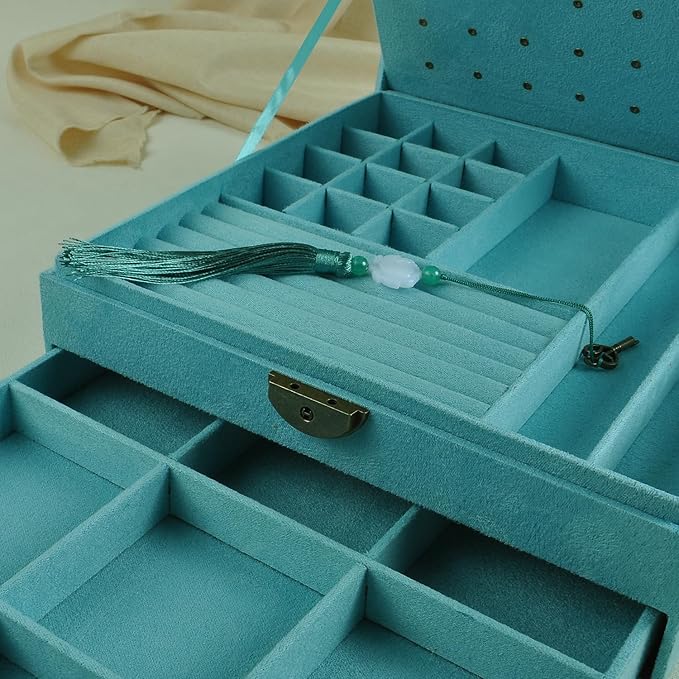 Women Jewelry Box Lockable 3 Layers Large Jewelry Organizer Storage Case for Earrings Necklaces Rings Bracelets,Green Display Jewel Holder (Light Green)