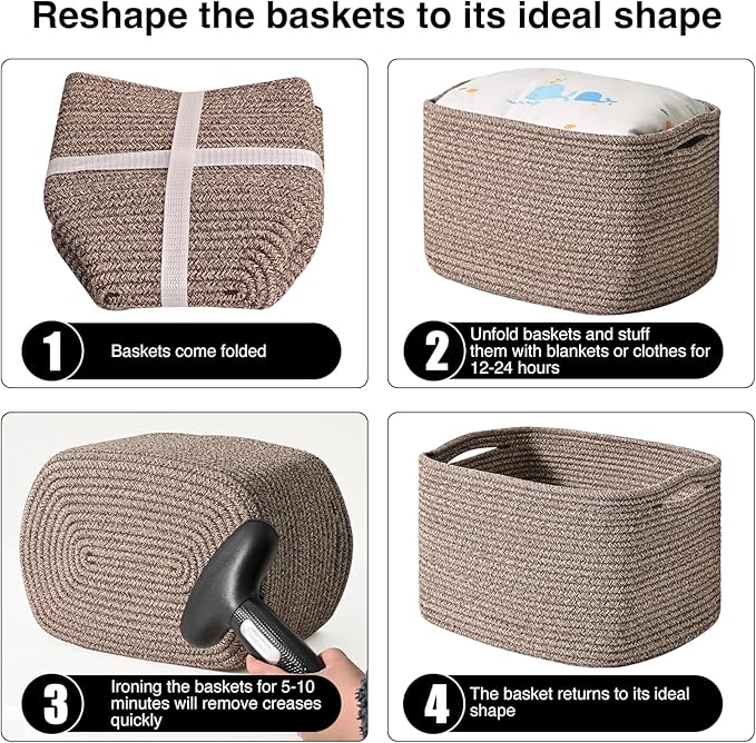 ICERZCZ Storage Baskets for Shelves Organizing, Woven Cotton Rope Baskets for Storage, Book Basket, Decorative Shelf Basket, 12.5"Lx9.1''Wx7.9''H (4 Packs) Dark Brown