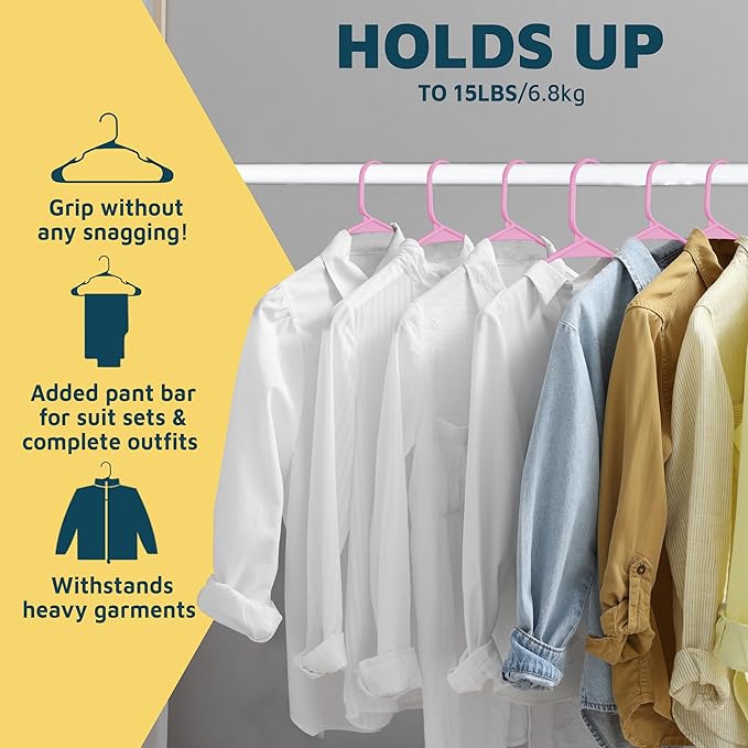 Lifemaster Plastic Clothes Hangers – Heavy Duty Hanger Set, for Organizing Clothes, Dresses, and Coat, Holds Up to 5 lbs, Space-Saving Hangers with Non-Slip Shoulder Grooves, Pack of 50, Pink