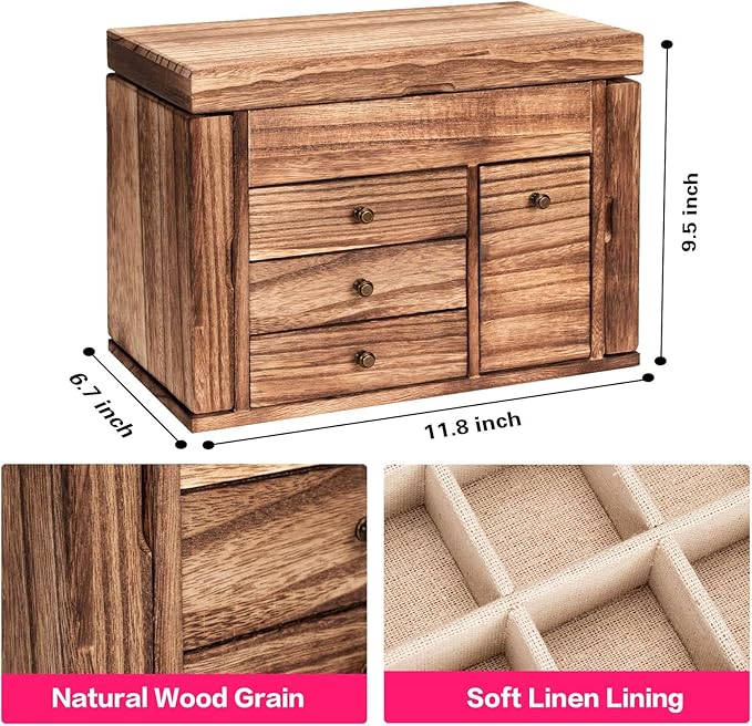 Poyilooo Jewelry Box Organizer, Solid Wood Jewelry Boxes for Women for Storage & Display Necklace Ring Earring Bracelet, Rustic Style Jewelry Organizer Box for Women Gifts (Carbonized Brown)