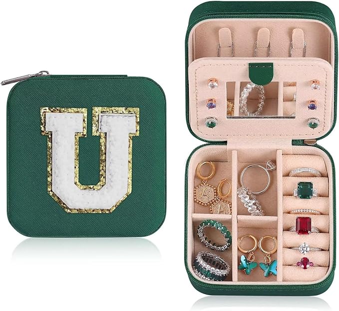 ETHOON Jewelry Travel Case Small Organizer Stocking Box Personalized Gifts Teenage Jewelry Accessories Holiday Christmas Gift for Women Green, Letter U