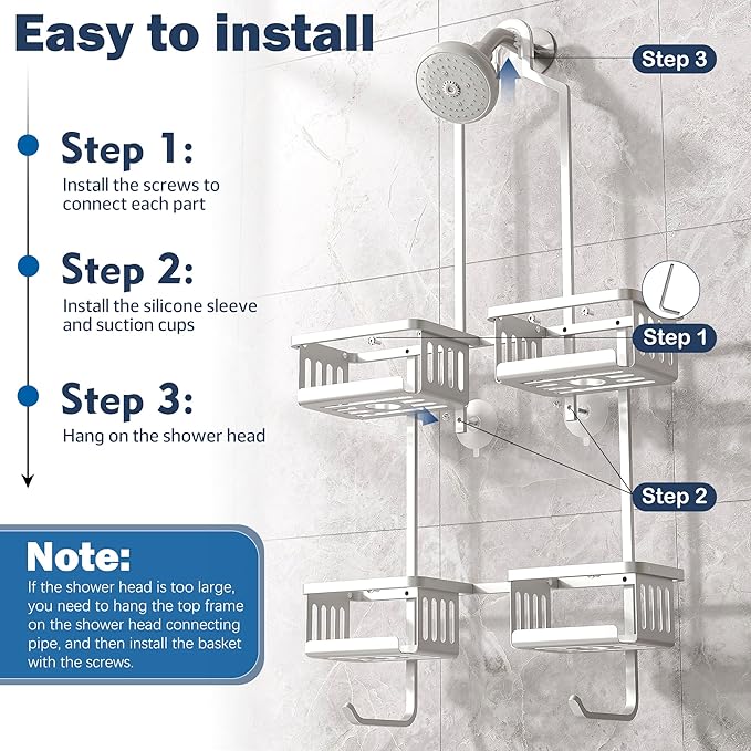 Aluminum Shower Caddy Hanging for Handheld Showerheads, Never Rust Shower Organizer with Hooks Holder Toothbrush Holder,Over Showerhead Caddy for Bathroom