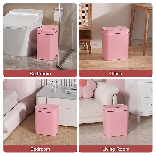 Vanpopubs 2 Pack 2.7 Gal Bathroom Trash Can with Lid, Automatic Trash Can Small Smart Garbage Can Touchless, Slim Motion Sensor Waterproof Plastic Trash Bins for Bedroom Office Kitchen Toilet Pink