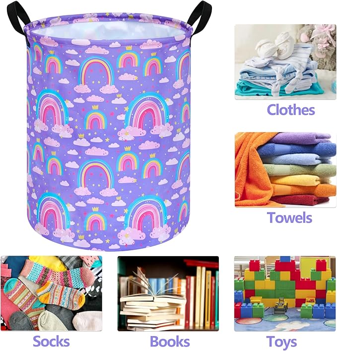 Collapsible Kids Laundry Basket Clothes Hamper, Foldable Storage Organizer Bin, Toy Clothes Storage with Handles for Boys Girls Bedroom, Room Decor Purple Rainbown