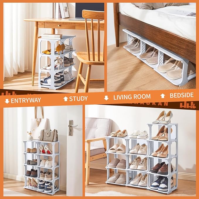 5 Tiers Shoe Rack Organizer for Closet Shoe Holder Storage Narrow Plastic Vertical, Free Standing Shoe Rack Shelf for Entryway Stackable Stability DIY, Grey