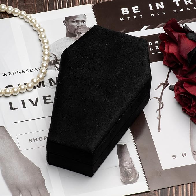 Velvet Coffin Jewelry Travel Case Holder for Gothic Wedding Ceremony Jewelry Organizer Decoration (Black)