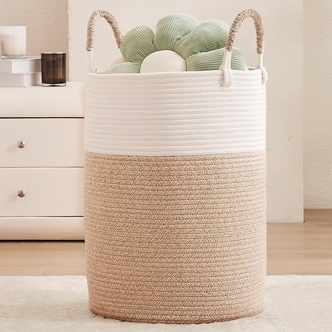 80L Extra Large Laundry Hamper Basket Tall Woven Rope Clothes Hamper Blanket Basket for Living Room Bathroom Bedroom Brown 16"L x 16"W x 22"H