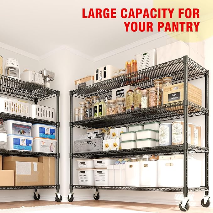 4-Tiers Storage Shelves 59" W x 71.8" H Heavy Duty Garage Shelving Units with Wheels, 2640LBS Rolling Wire Shelving Rack for Garage Kitchen Warehouse Industrial Pantry