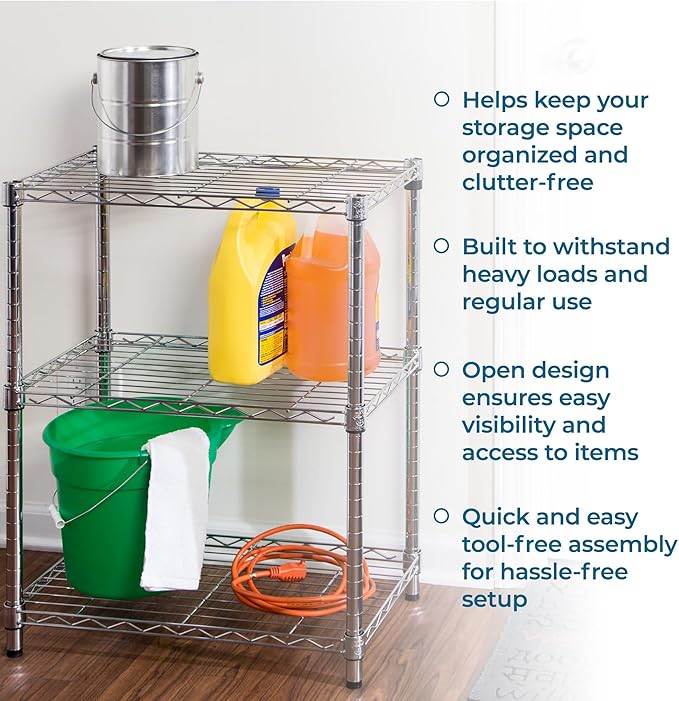 Honey-Can-Do 3-Tier Heavy Duty Adjustable Shelving Unit, 250-lb Per Shelf Metal Storage Rack, Wire Shelf for Kitchen Garage Pantry Closet, Chrome, 24 x 14 x 30 in