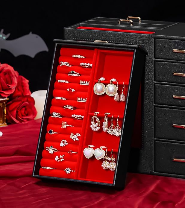 Homde Large Jewelry Box/Organizer/Case with Glass Window, Drawers for Necklaces Earrings Rings Bracelets Watches Gift for Women Girls