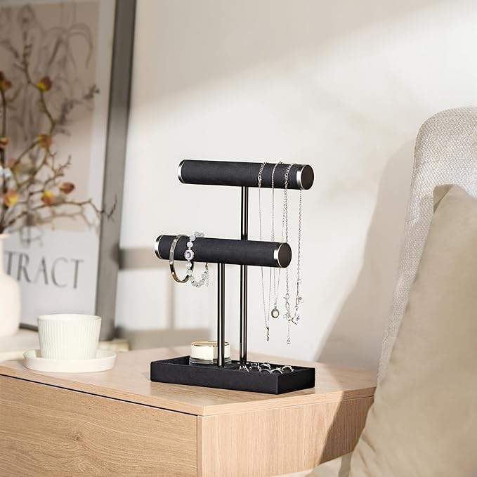 bussdis 2 Tier Bracelet Holder Display - Detachable T Bar Black Velvet Bracelet Holder, Jewelry Holder Organizer for Bracelet, Necklace, Earrings, Rings