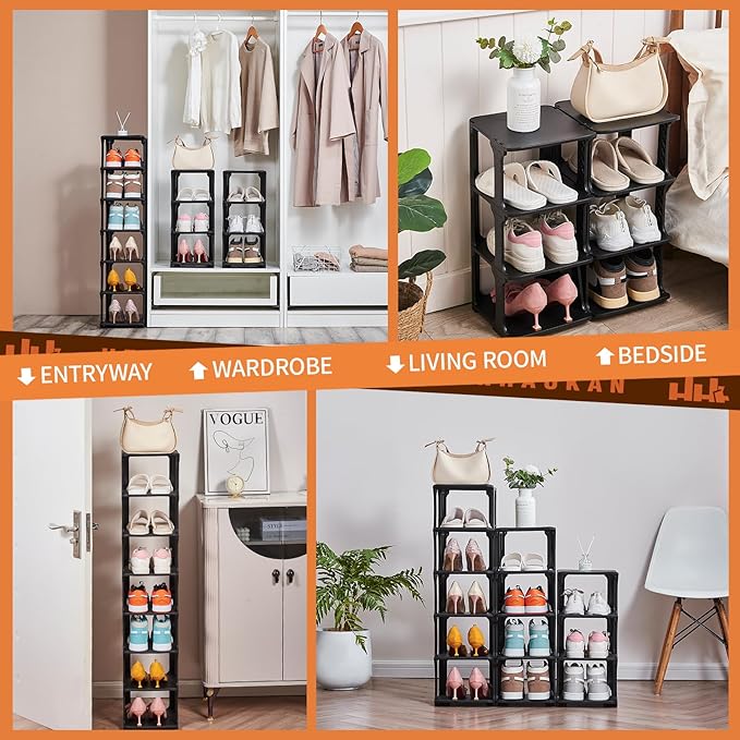 5 Tiers Shoe Rack Organizer for Closet Shoe Holder Storage Narrow Plastic Vertical, Free Standing Shoe Rack Shelf for Entryway Stackable Stability DIY, Black
