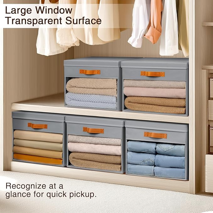 Homsorout Large Storage Bins with Lids - 6 Pack Foldable Decorative Organizers with Clear Windows & Handles, Cube Storage Organizers for Clothes, Blankets, Sweaters, CD, Grey