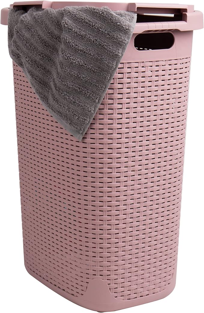 Mind Reader Slim Laundry Hamper with Lid, 60L Tall Clothes Basket, Narrow Tapered Design for Bathrooms, Closets and Laundry Rooms, Plastic, 2 Pack, Pink
