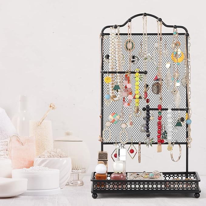 Meangood Black Jewelry Organizer Stand, Earring Holder Rack for Hanging Earrings Necklace Bracelets Watches Jewelry Display Large Rings Storage as Women Gift