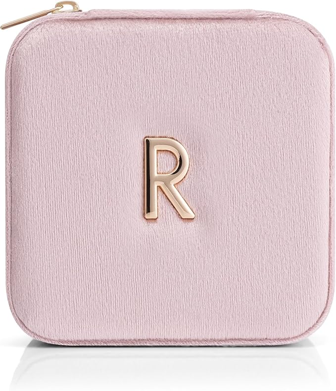 Vlando Small Travel Jewelry Box Organizer Display Case for Rings Earrings Necklaces Storage, Selected Soft Velvet, Letter R Engraved, Pink