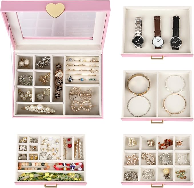 Kendal Jewelry Box, 5-Layer Jewelry Organizer Box with Glass Lid, Pink, Heart Shaped PU Leather, Storage Box for Necklace Earrings Rings Bracelets, Gift Idea for Girls LJC4DRPK
